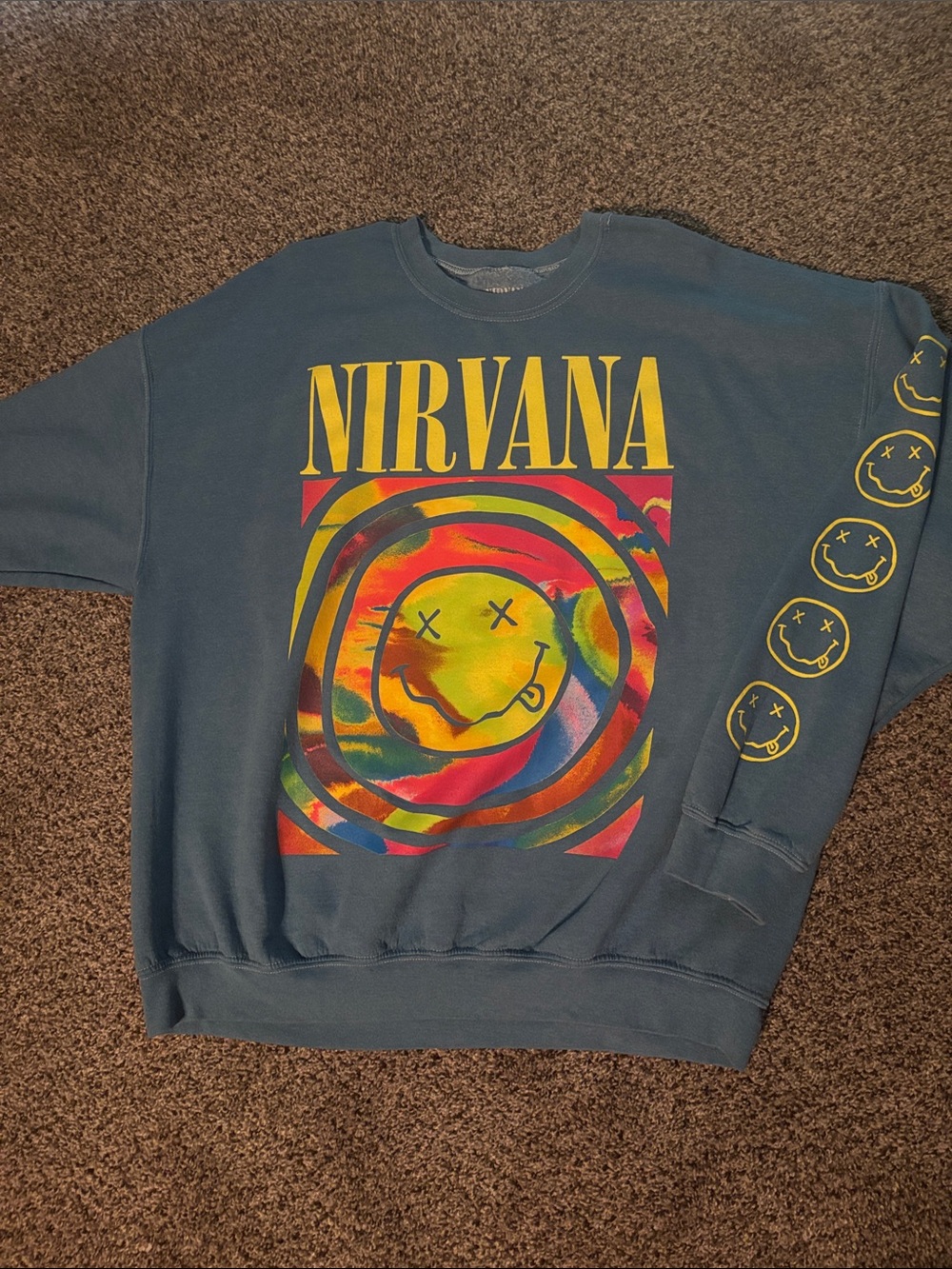 Free People Teal Crewneck Sweatshirt with Multicolor Smiley Graphic